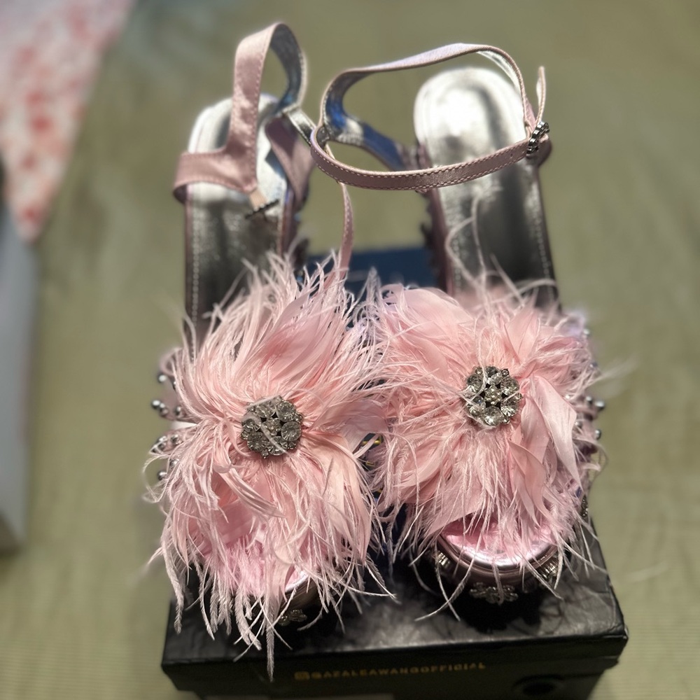 Pink Feathered Heels with Rhinestone Detail